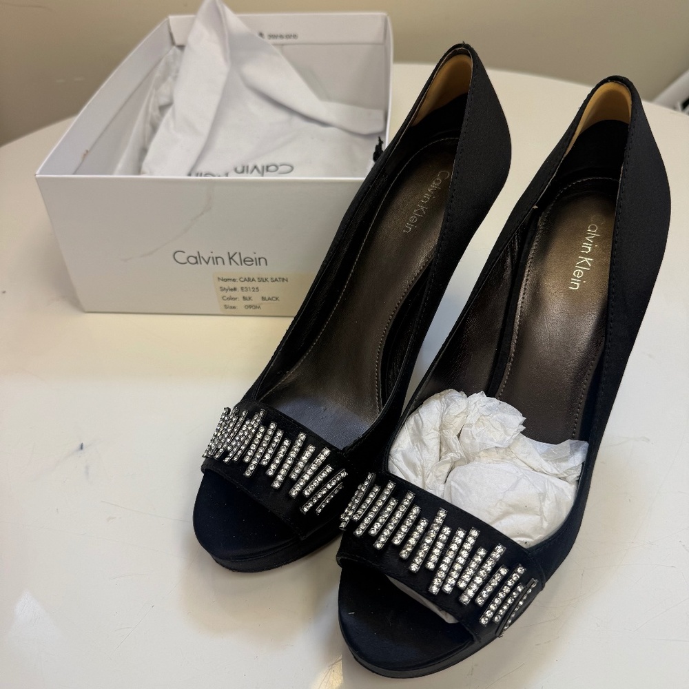 Calvin Klein Cara Black Satin Evening Pumps with Rhinestone Decor